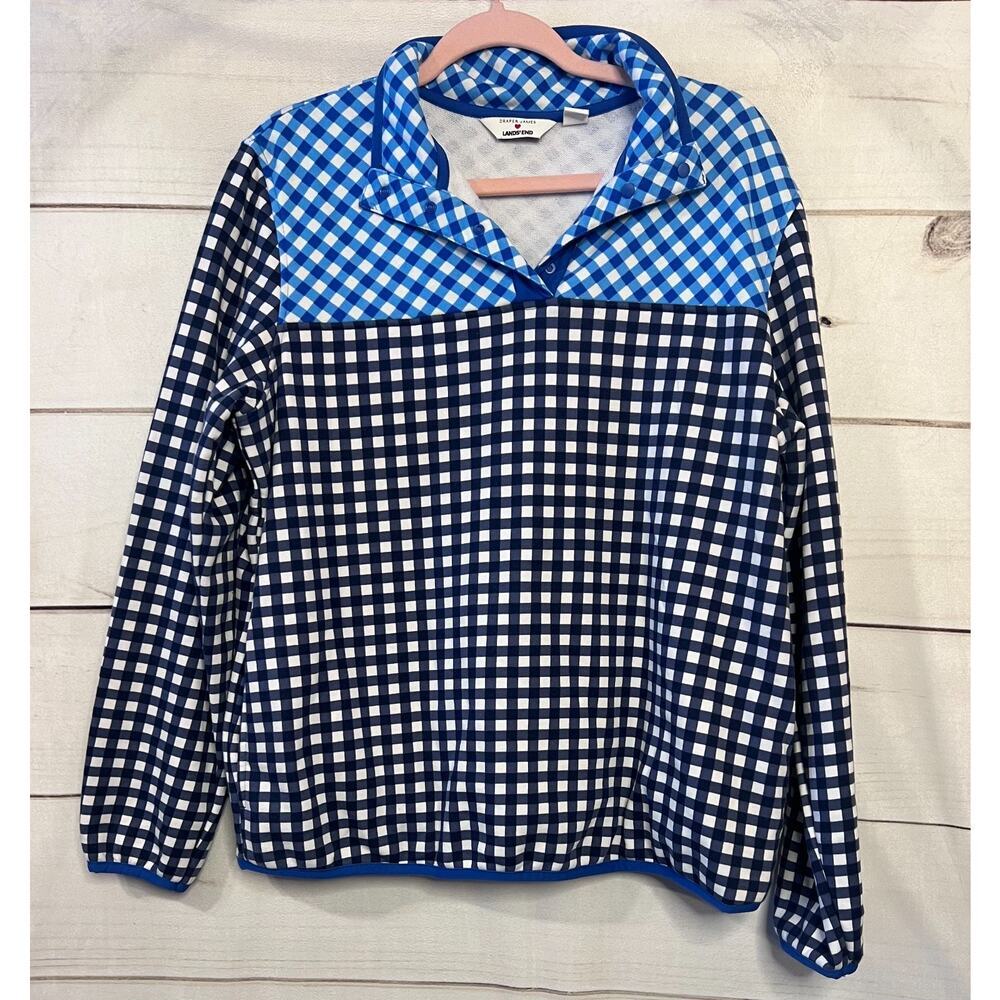 Lands' End Draper James Women's Blue and White Gingham Long Sleeve Pullover